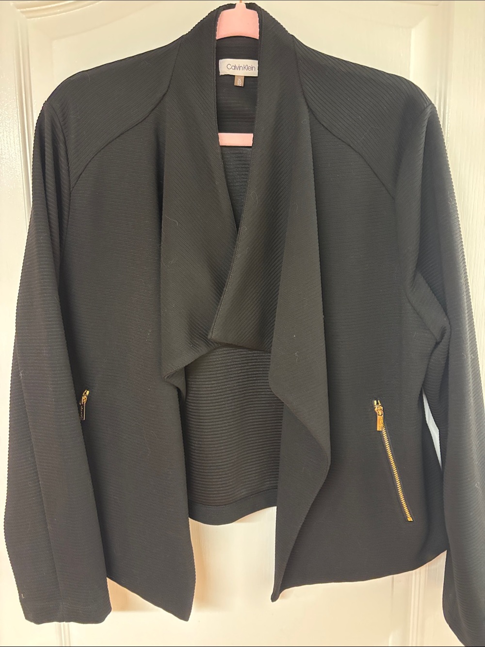 Calvin Klein Black Waterfall Open-Front Blazer with Gold Zippers